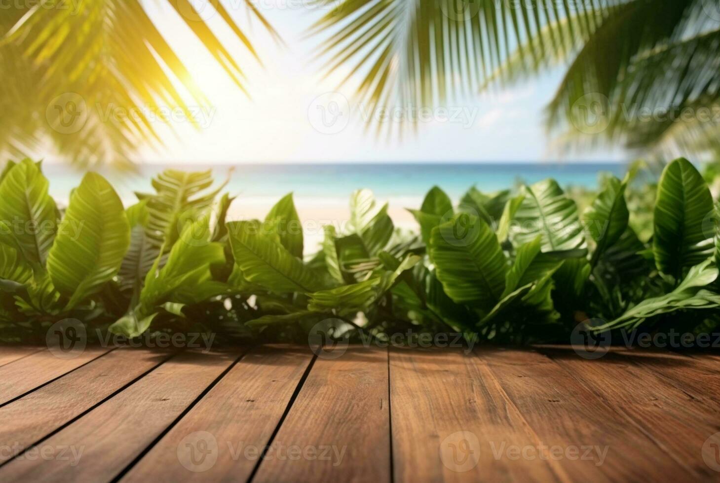 Wooden table with tropical leaves and blurred background of beach and sun light. ready for product display. generative ai photo