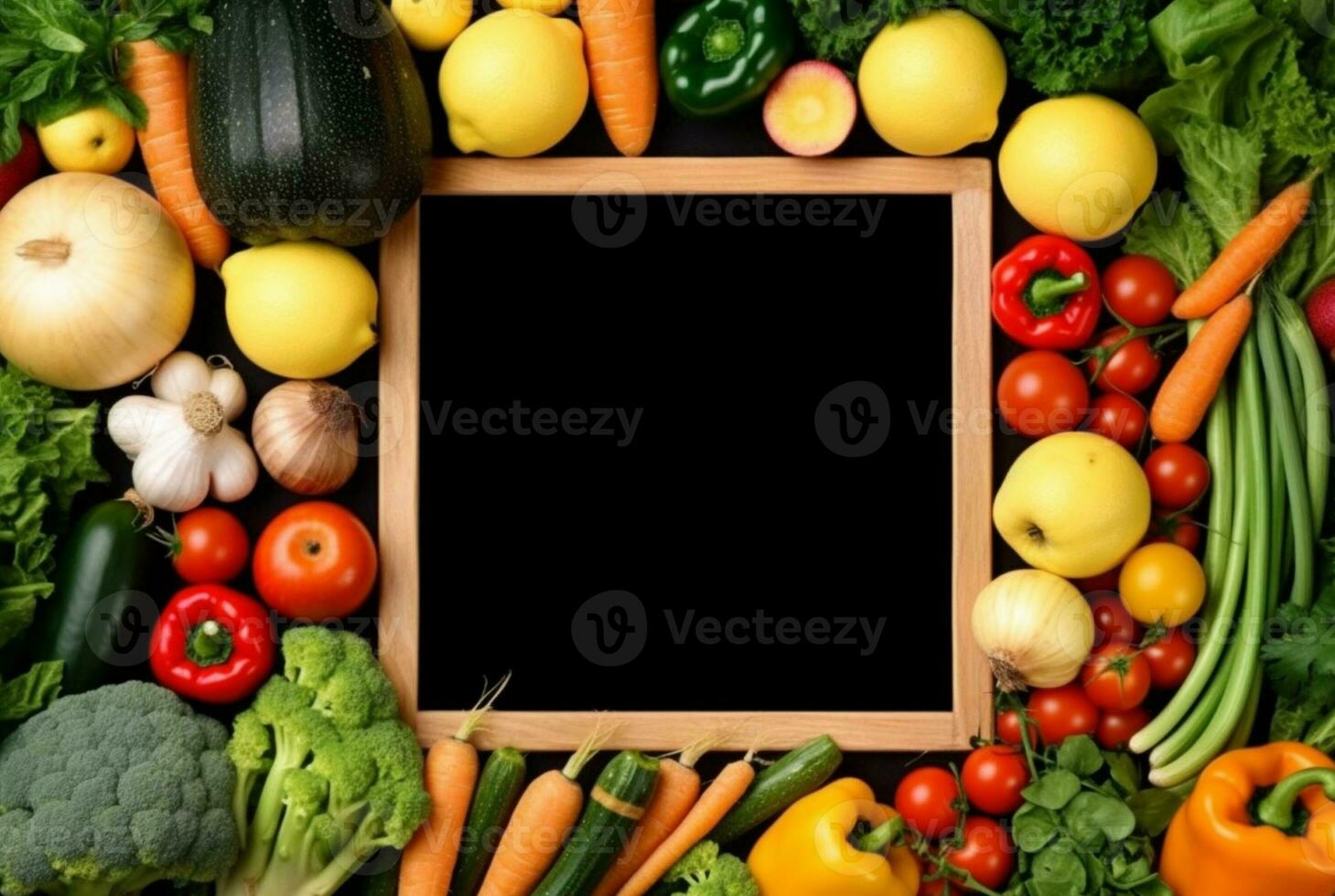 Top view of empty frame amidst fresh vegetables and fruits. generative ai photo