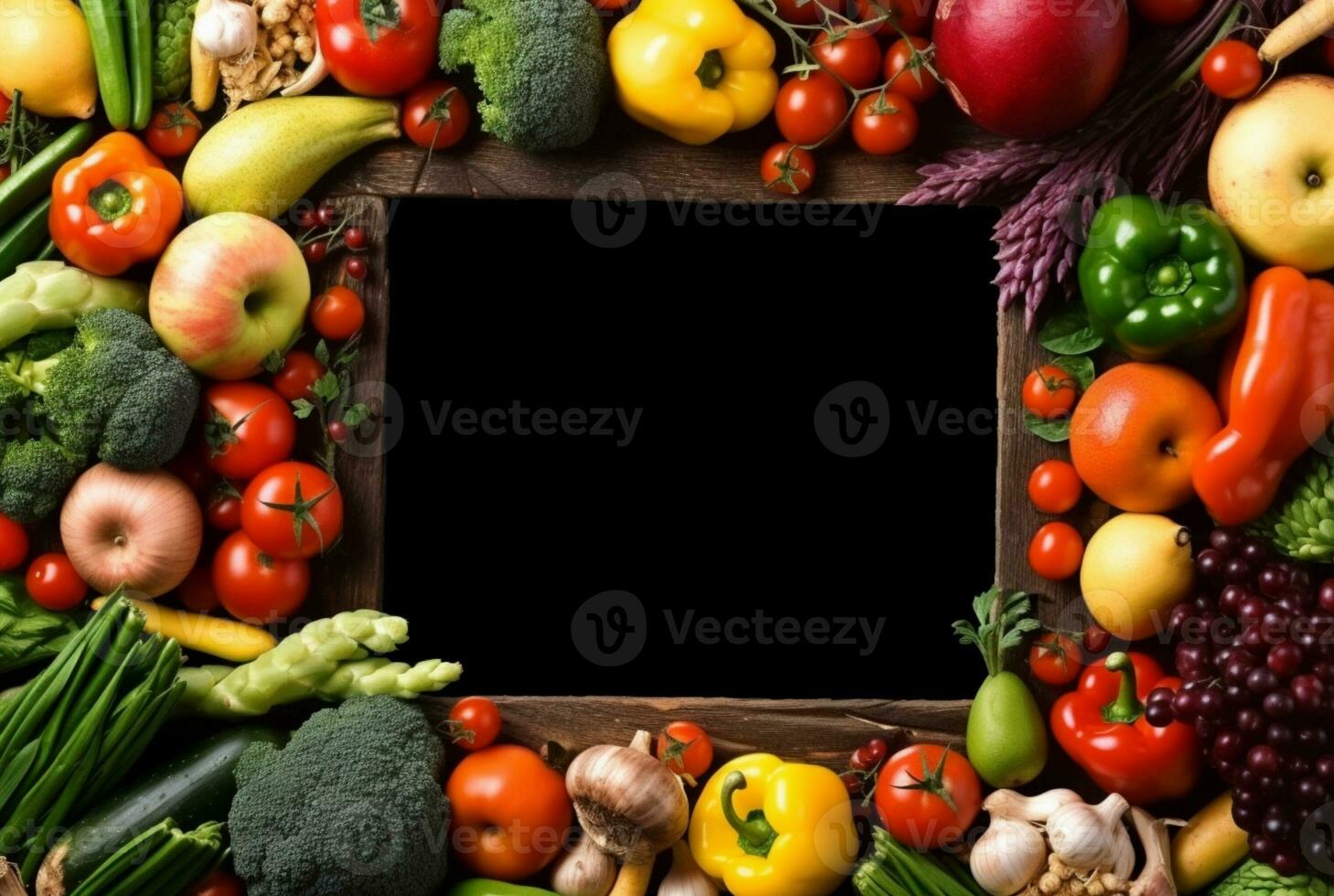 Top view of empty frame amidst fresh vegetables and fruits. generative ai photo