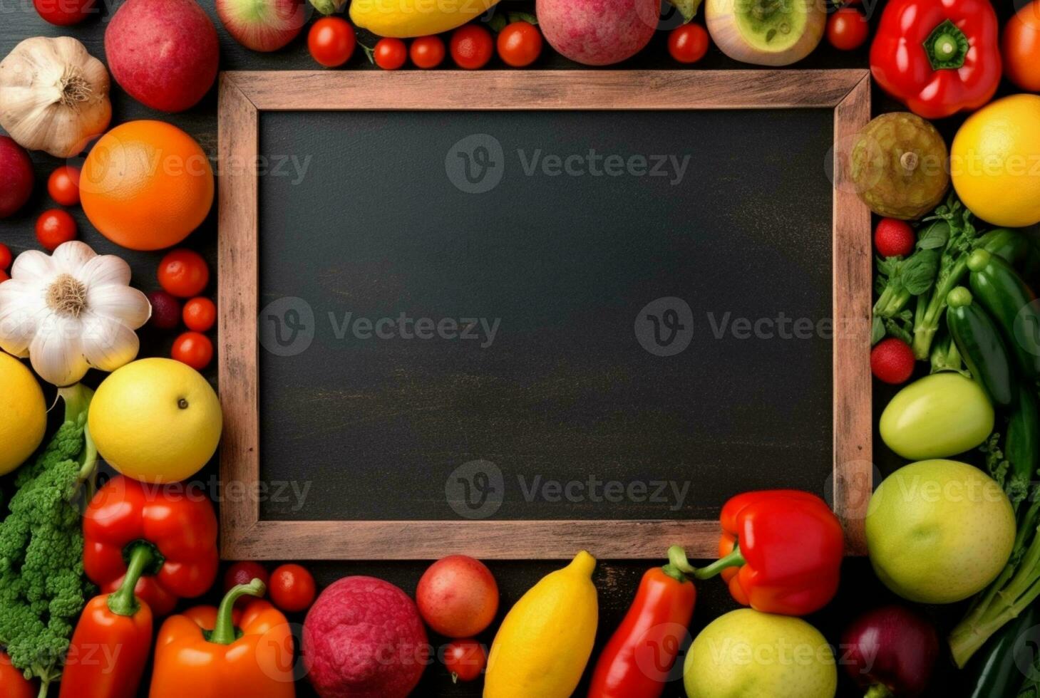 Top view of empty frame amidst fresh vegetables and fruits. generative ai photo