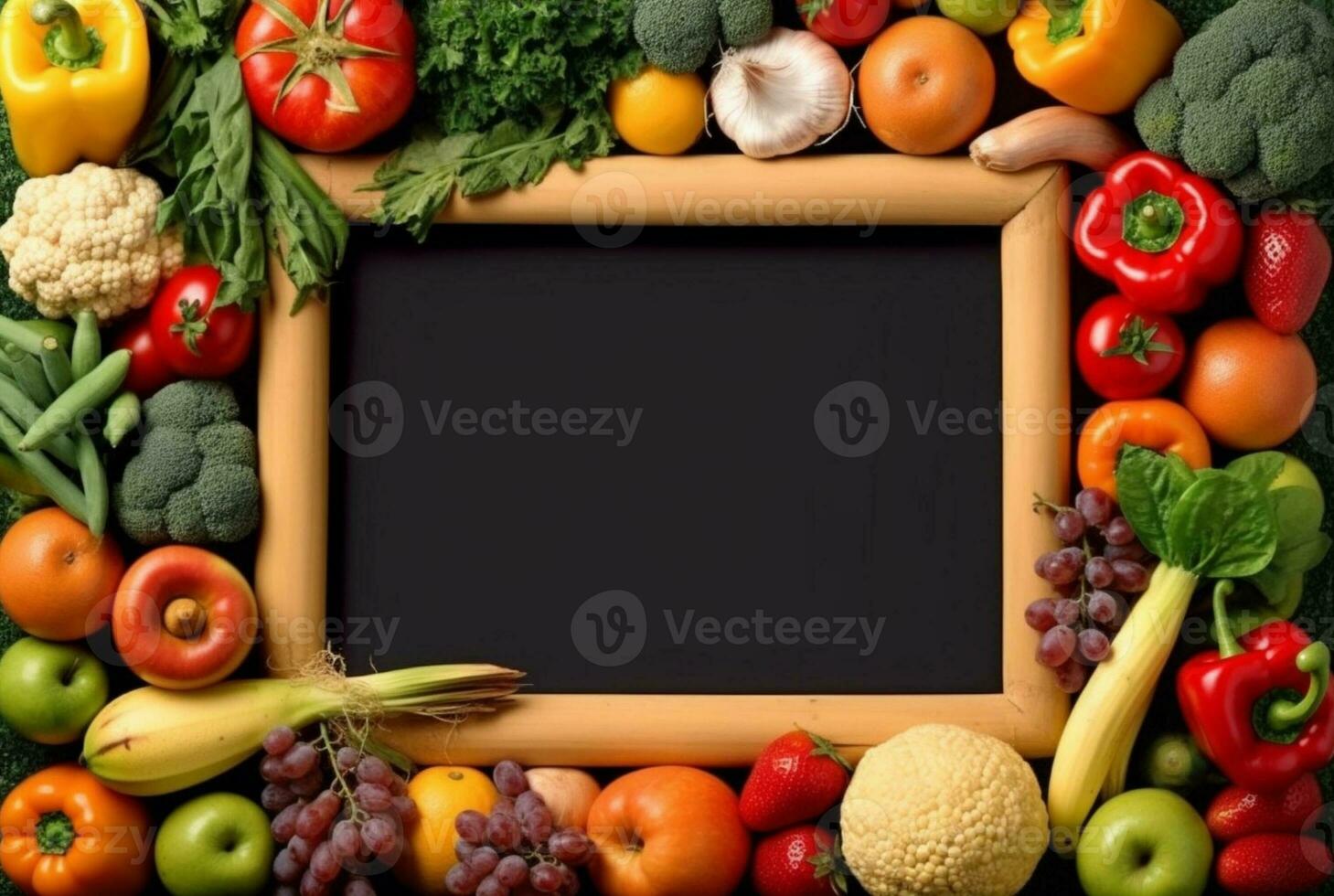 Top view of empty frame amidst fresh vegetables and fruits. generative ai photo