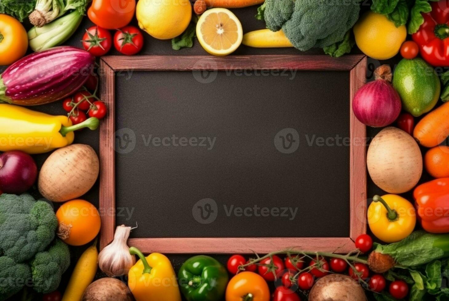 Top view of empty frame amidst fresh vegetables and fruits. generative ai photo