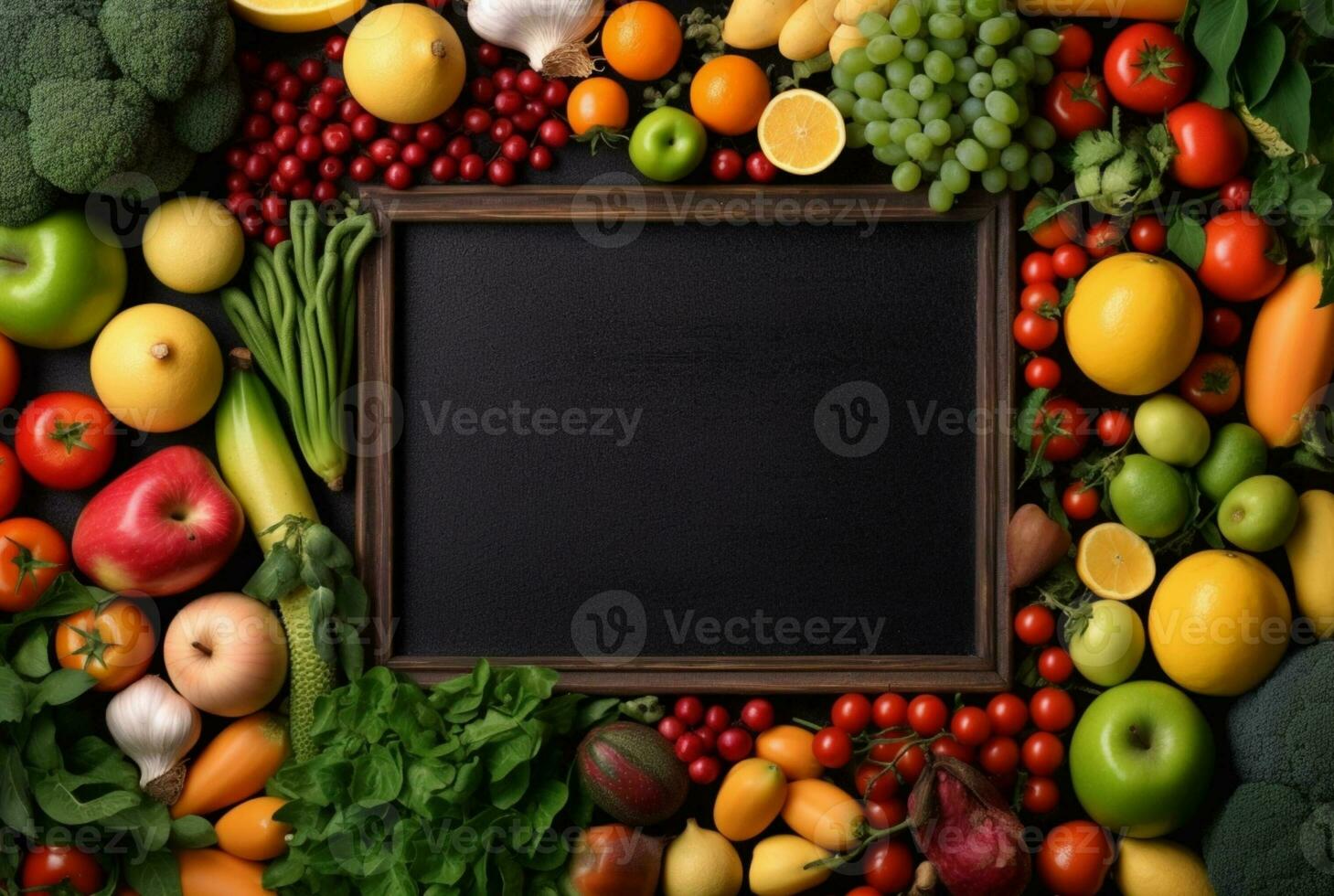 Top view of empty frame amidst fresh vegetables and fruits. generative ai photo