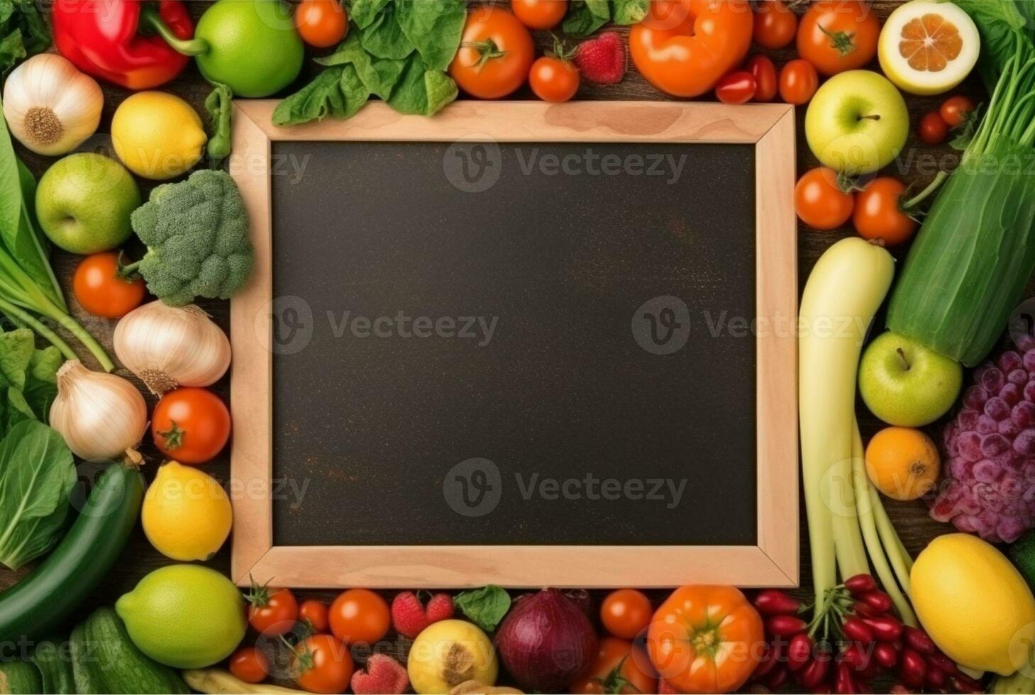 Top view of empty frame amidst fresh vegetables and fruits. generative ai photo