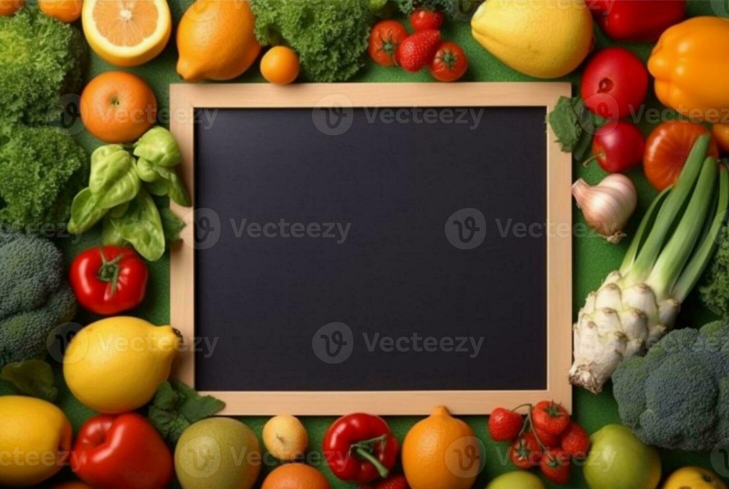 Top view of empty frame amidst fresh vegetables and fruits. generative ai photo