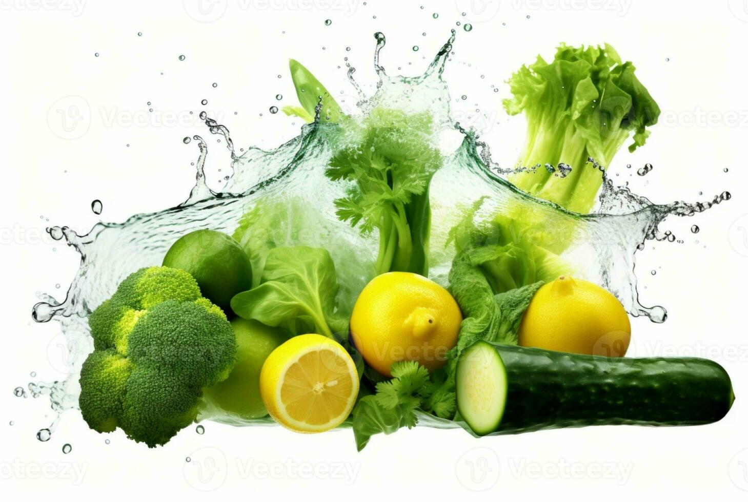 fresh green vegetables with water splashes isolated on white background. generative ai photo