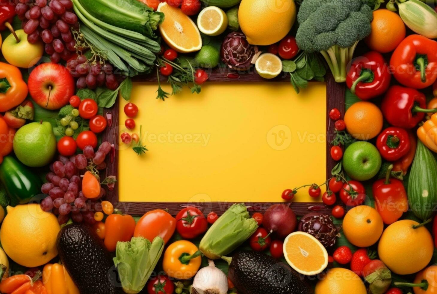 Top view of empty frame amidst fresh vegetables and fruits. generative ai photo