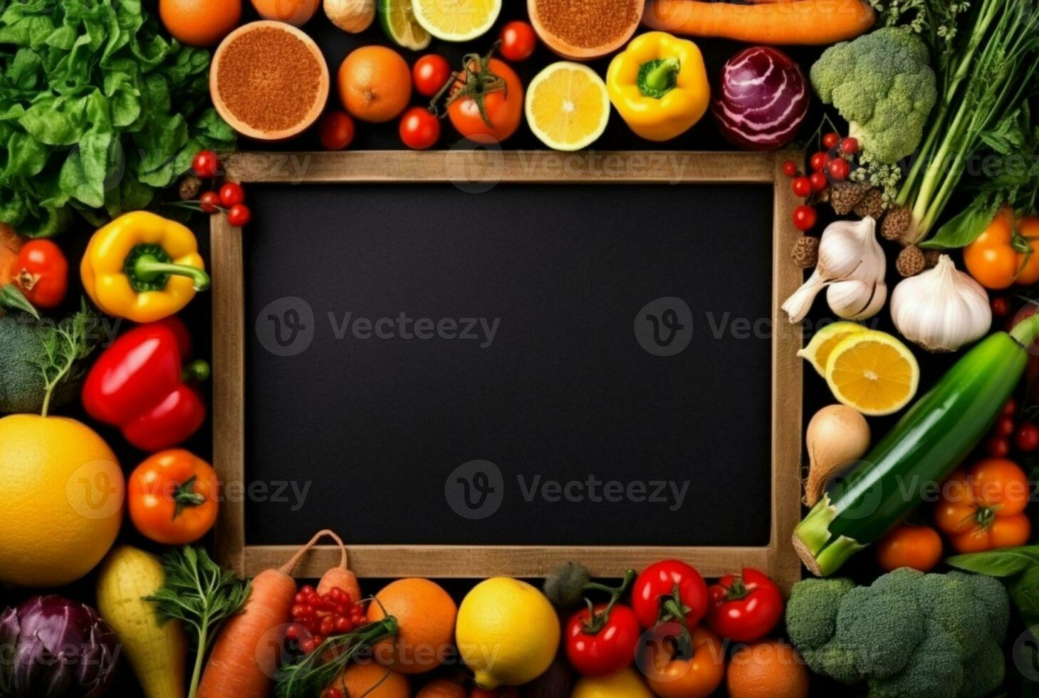 Top view of empty frame amidst fresh vegetables and fruits. generative ai photo
