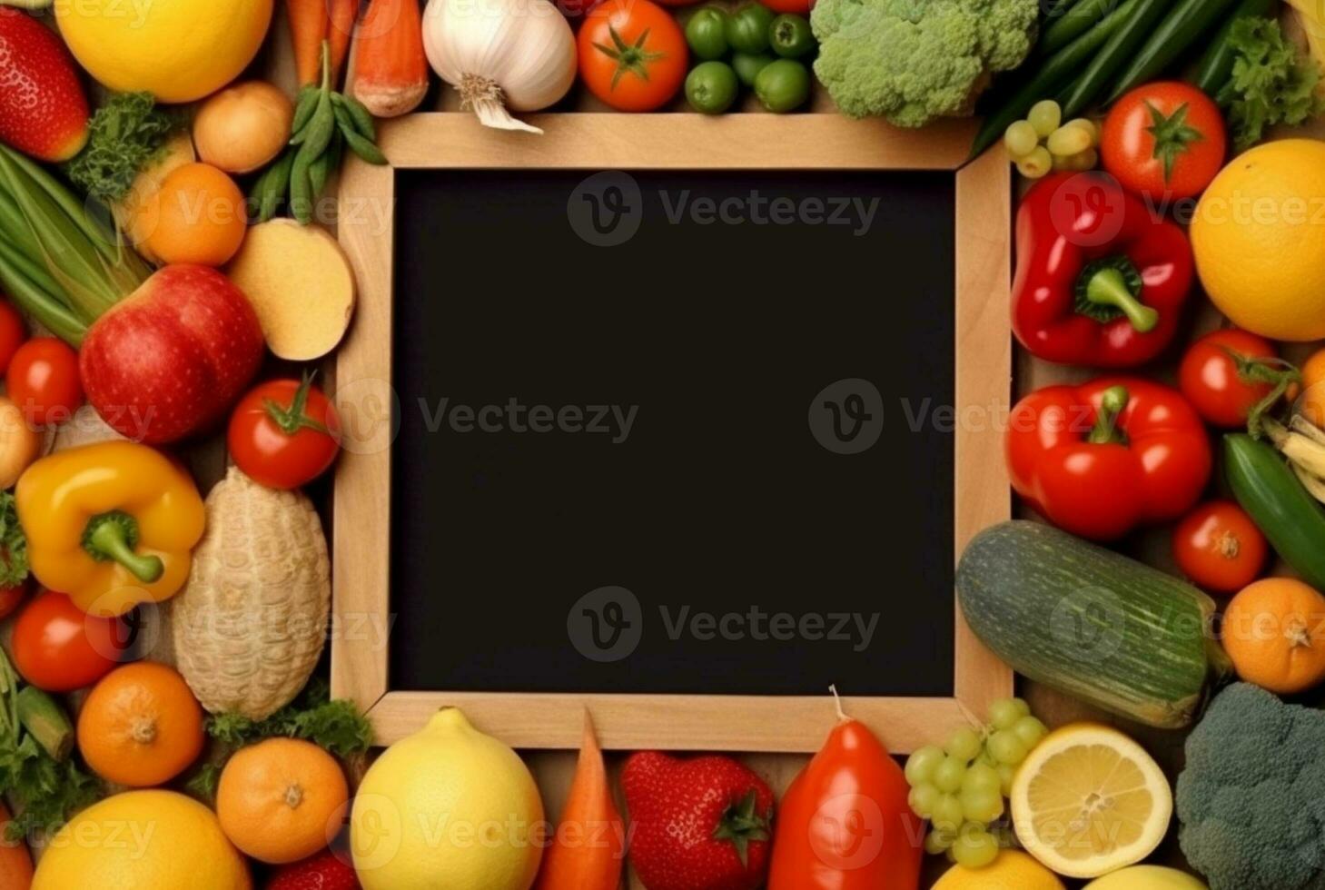 Top view of empty frame amidst fresh vegetables and fruits. generative ai photo