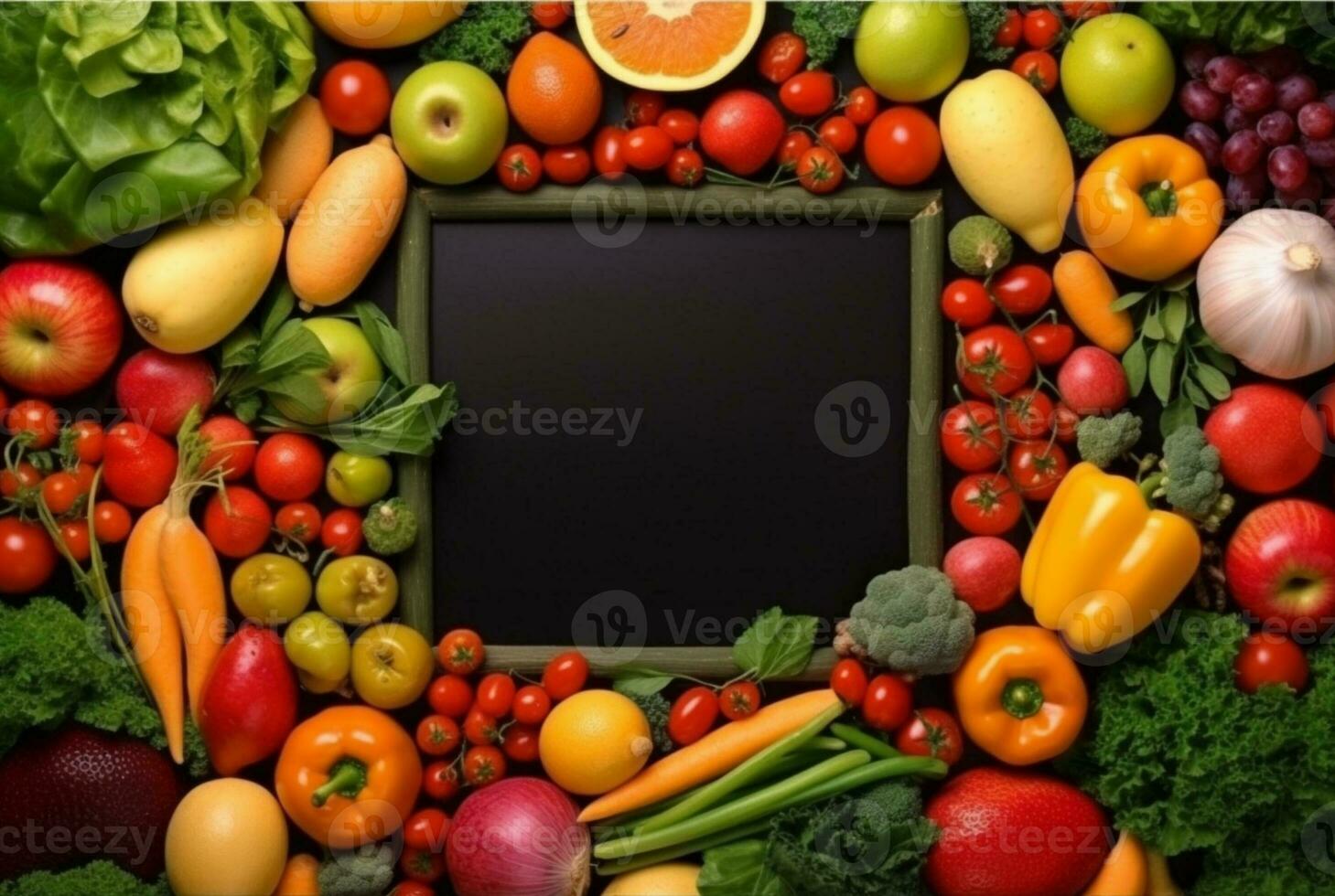 Top view of empty frame amidst fresh vegetables and fruits. generative ai photo