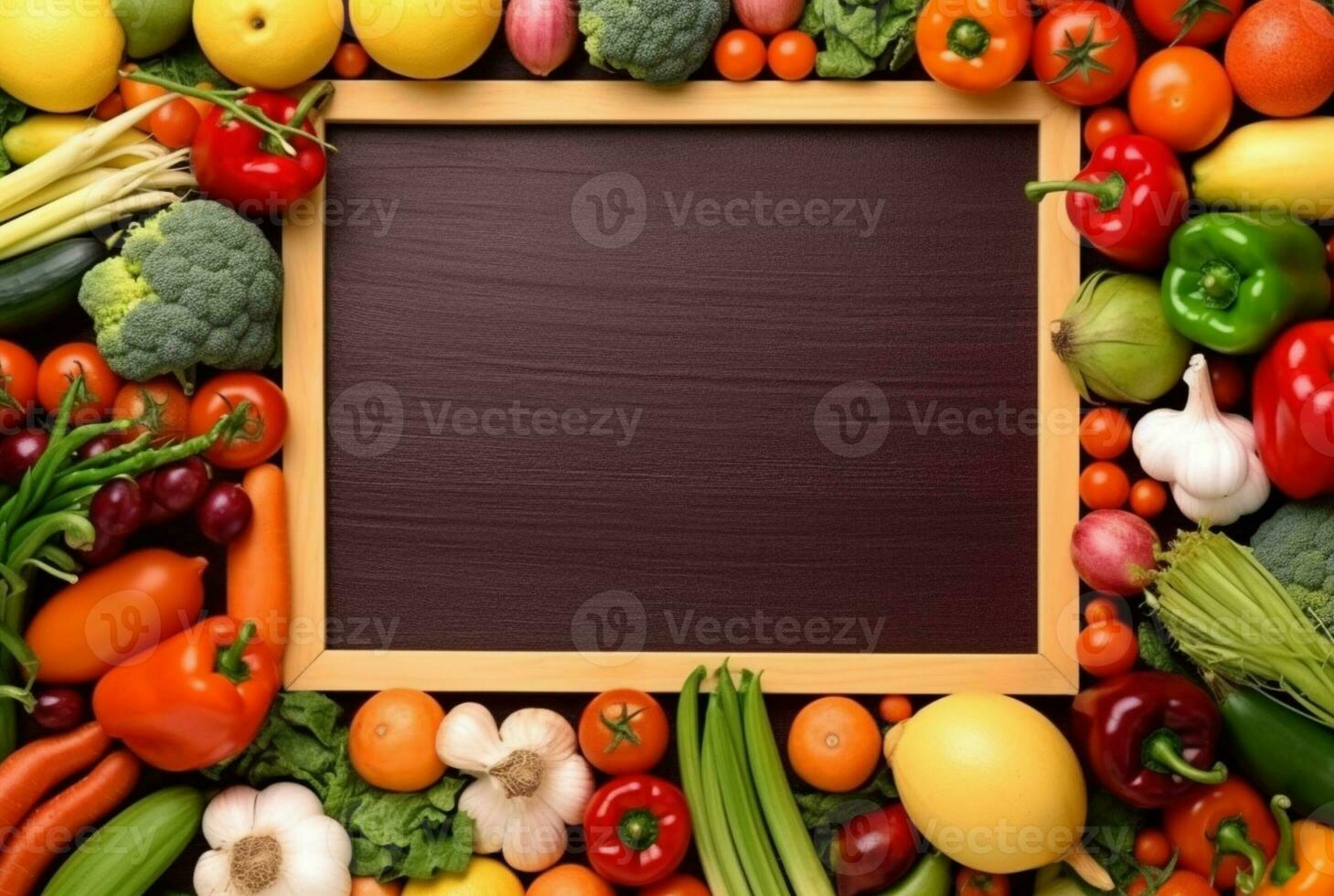 Top view of empty frame amidst fresh vegetables and fruits. generative ai photo