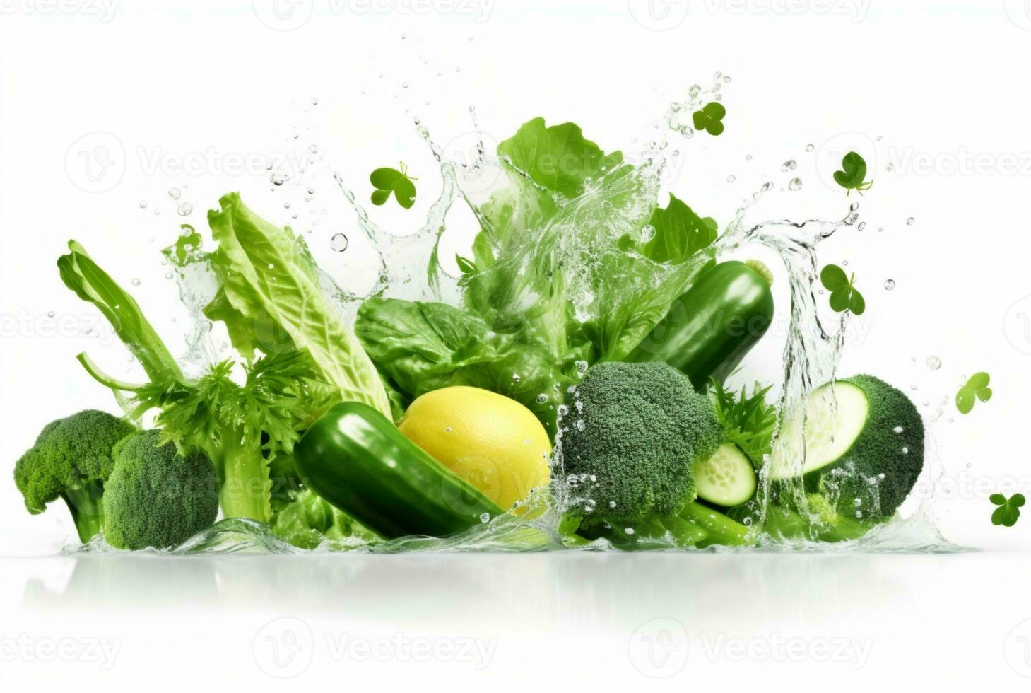 fresh green vegetables with water splashes isolated on white background. generative ai photo