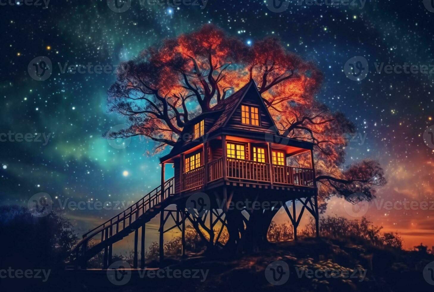 Tree house with a beautiful view of the sky at night. generative ai photo