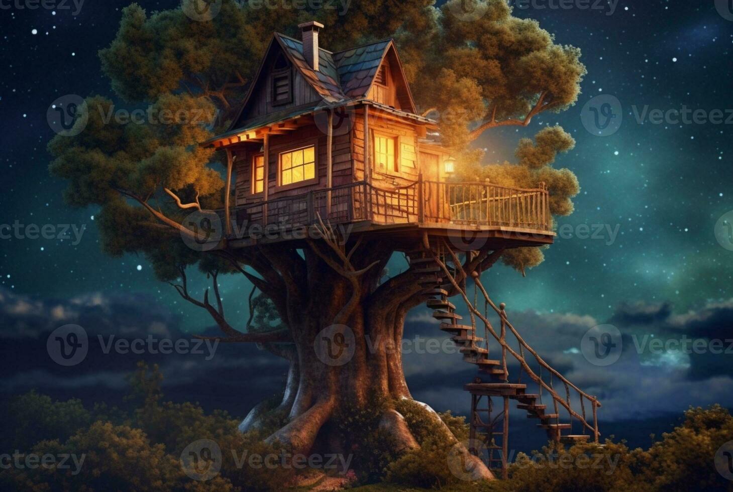 Tree house with a beautiful view of the sky at night. generative ai photo