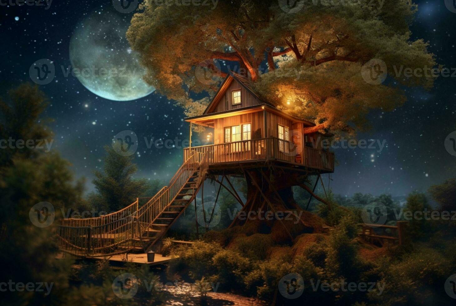 Tree house with a beautiful view of the sky at night. generative ai photo