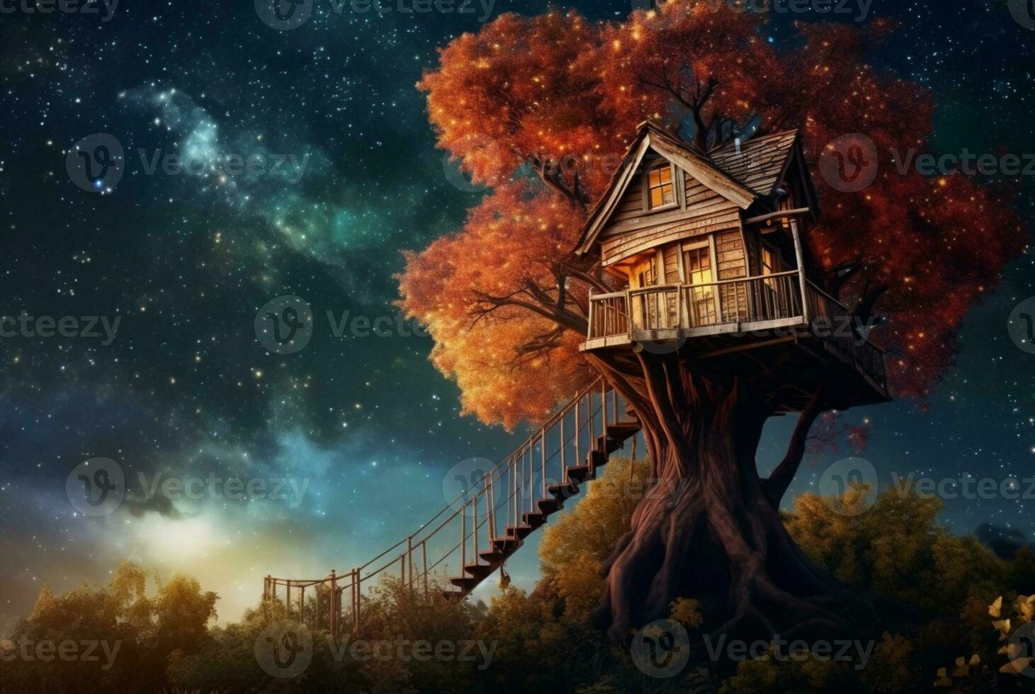 Tree house with a beautiful view of the sky at night. generative ai photo