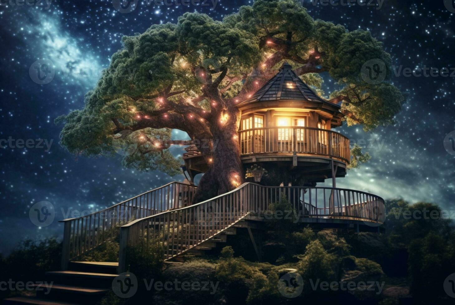 Tree house with a beautiful view of the sky at night. generative ai photo