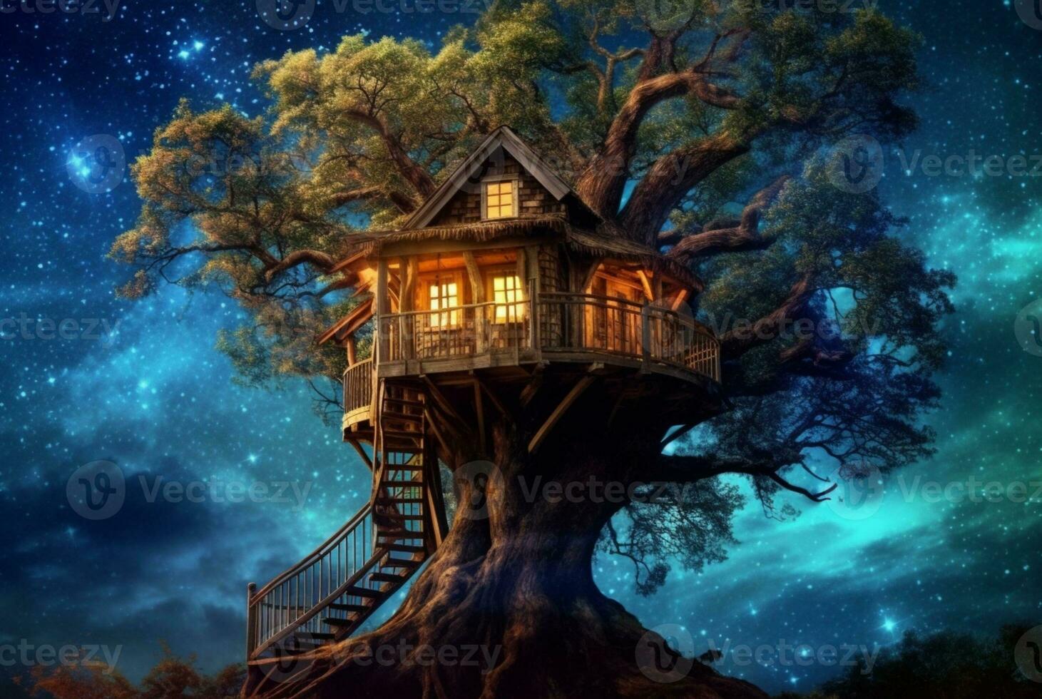 Tree house with a beautiful view of the sky at night. generative ai photo