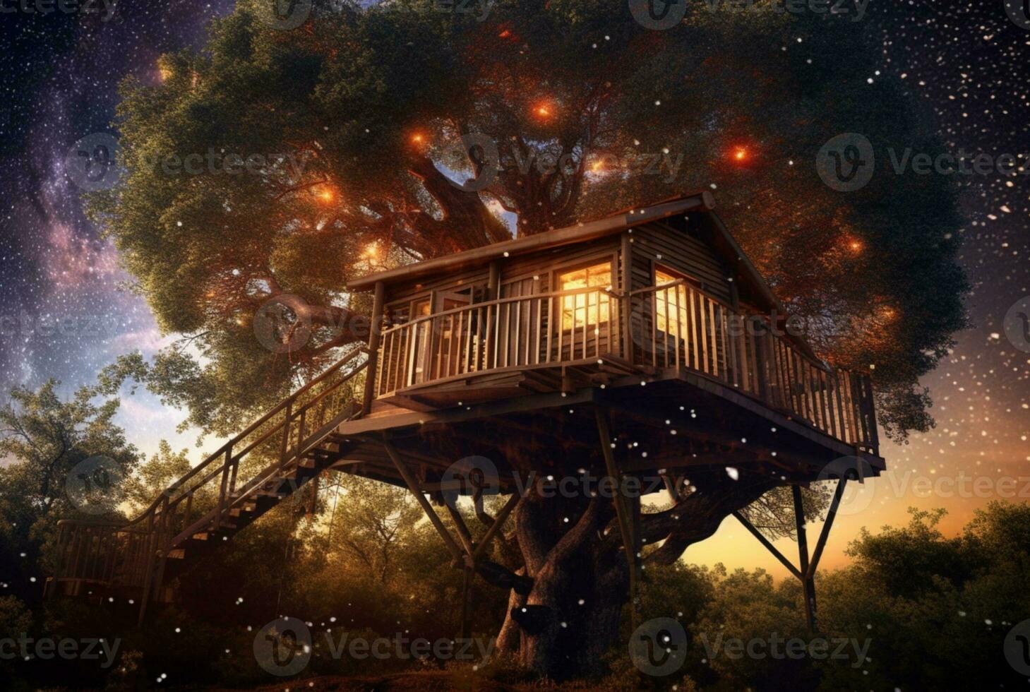 Tree house with a beautiful view of the sky at night. generative ai photo