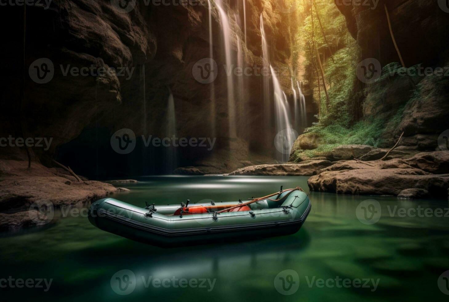 Rubber boat under the gentle flow of a waterfall. longexposure. generative ai photo