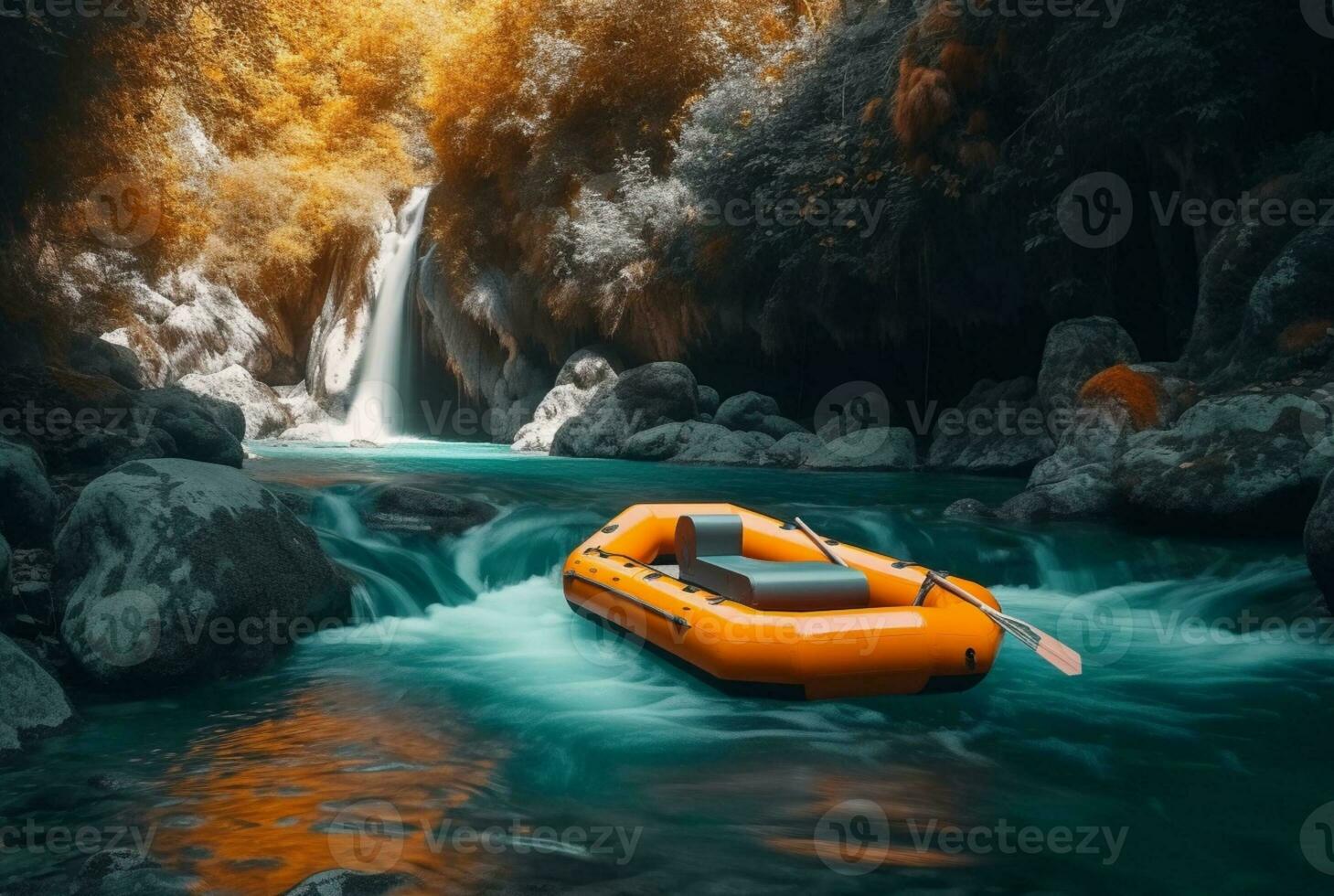 Rubber boat under the gentle flow of a waterfall. longexposure. generative ai photo