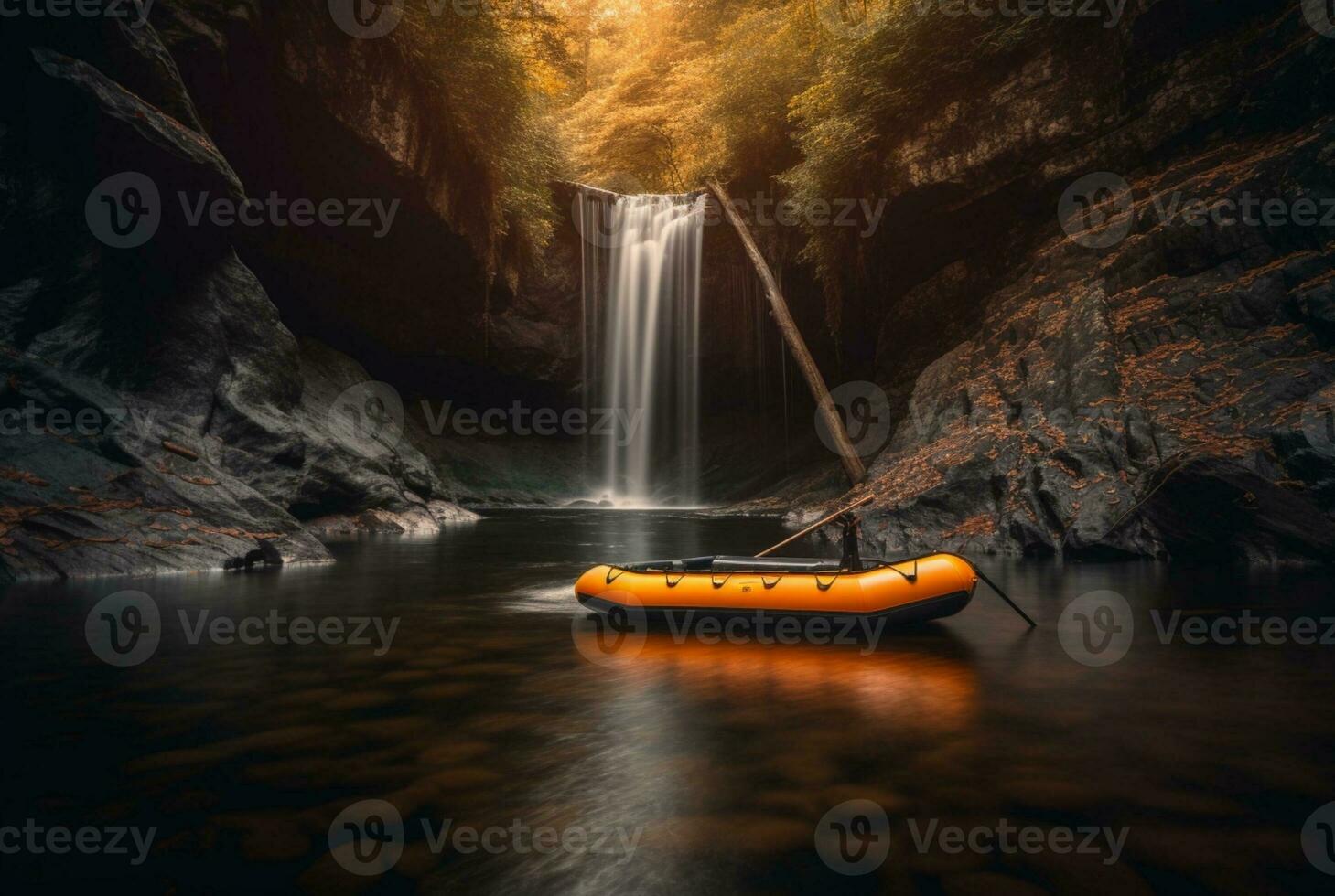 Rubber boat under the gentle flow of a waterfall. longexposure. generative ai photo