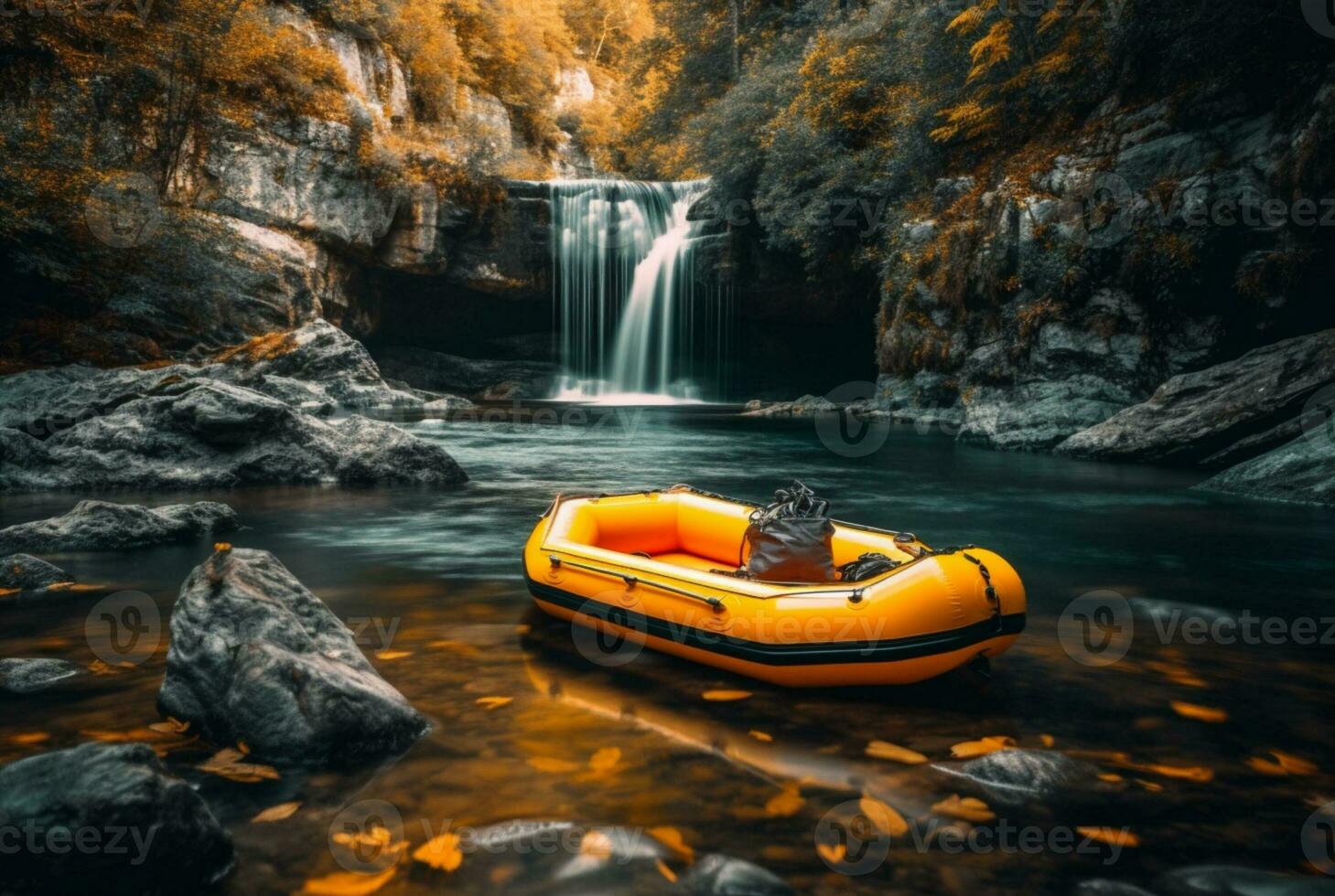 Rubber boat under the gentle flow of a waterfall. longexposure. generative ai photo