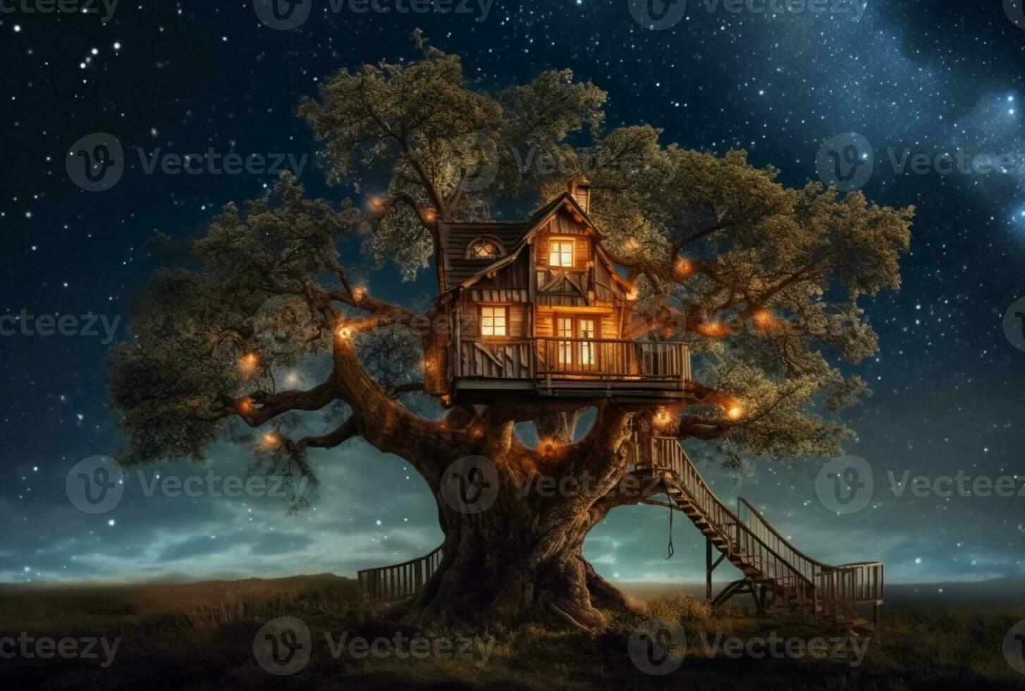 Tree house with a beautiful view of the sky at night. generative ai photo