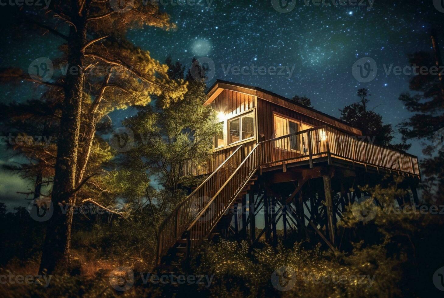 Tree house with a beautiful view of the sky at night. generative ai photo