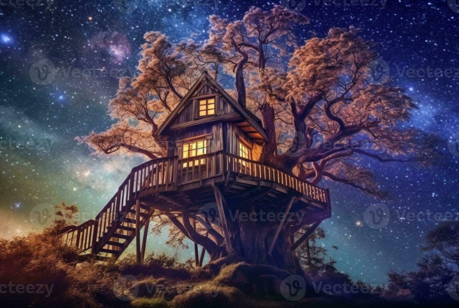 Tree house with a beautiful view of the sky at night. generative ai photo