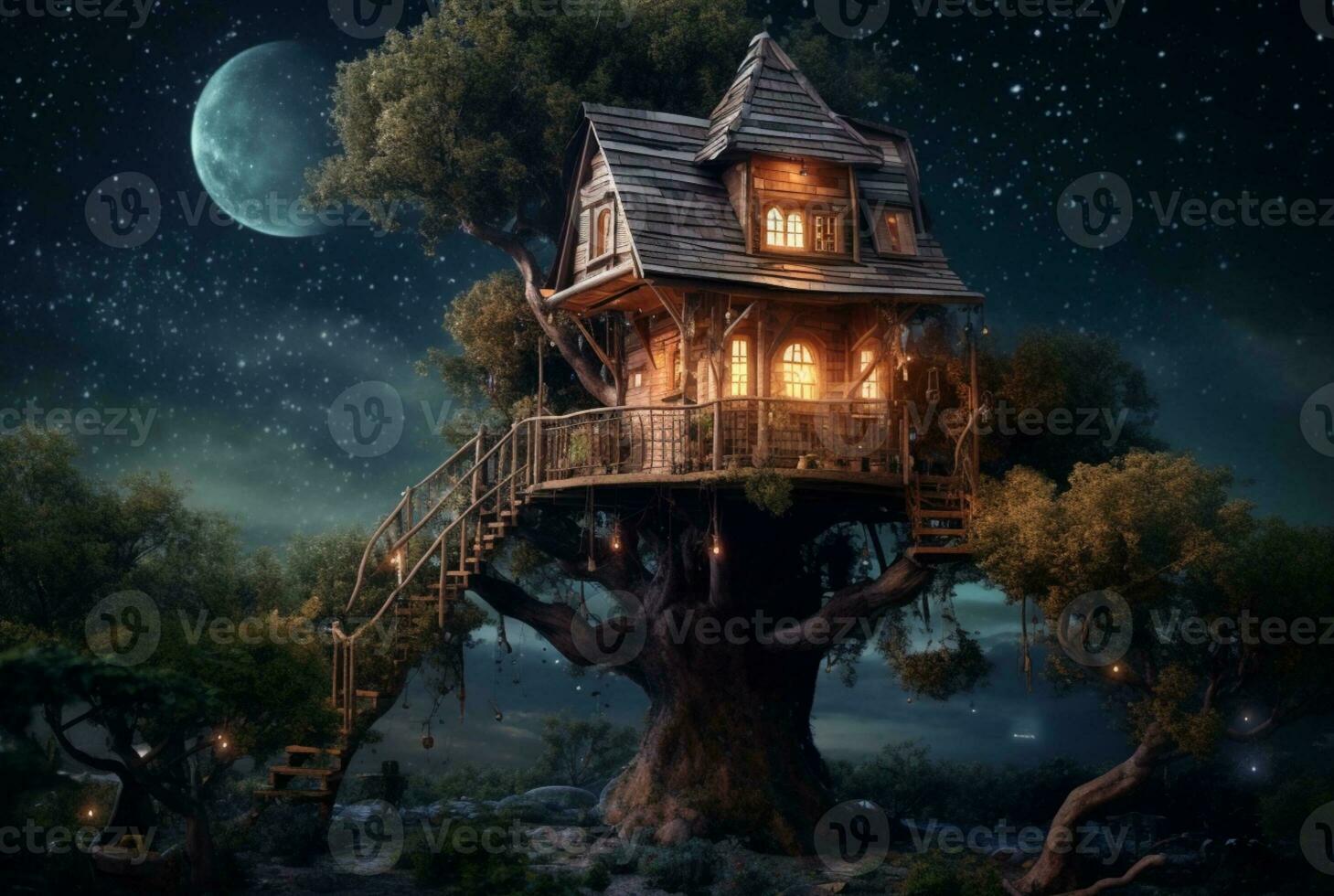 Tree house with a beautiful view of the sky at night. generative ai photo