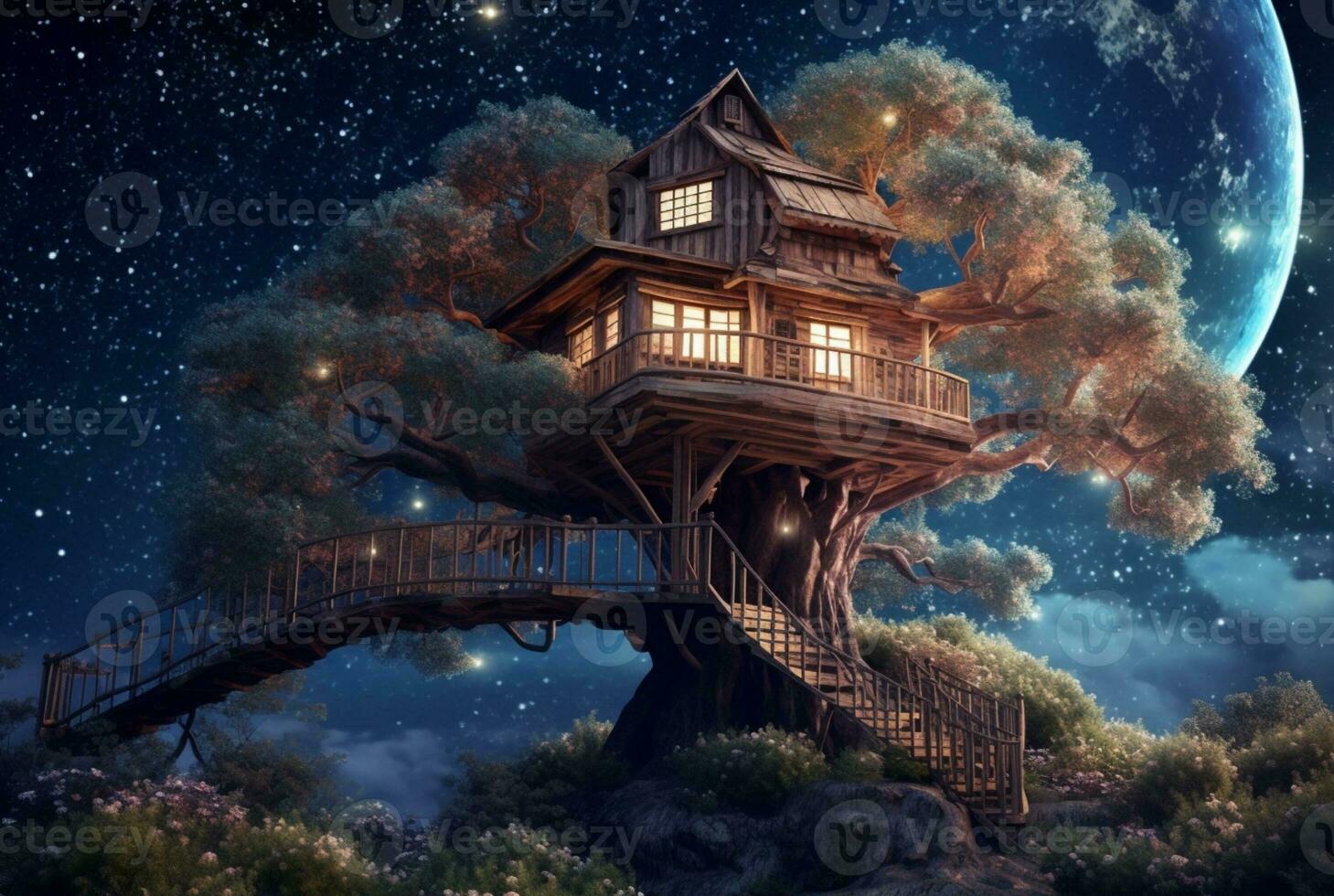 Tree house with a beautiful view of the sky at night. generative ai photo