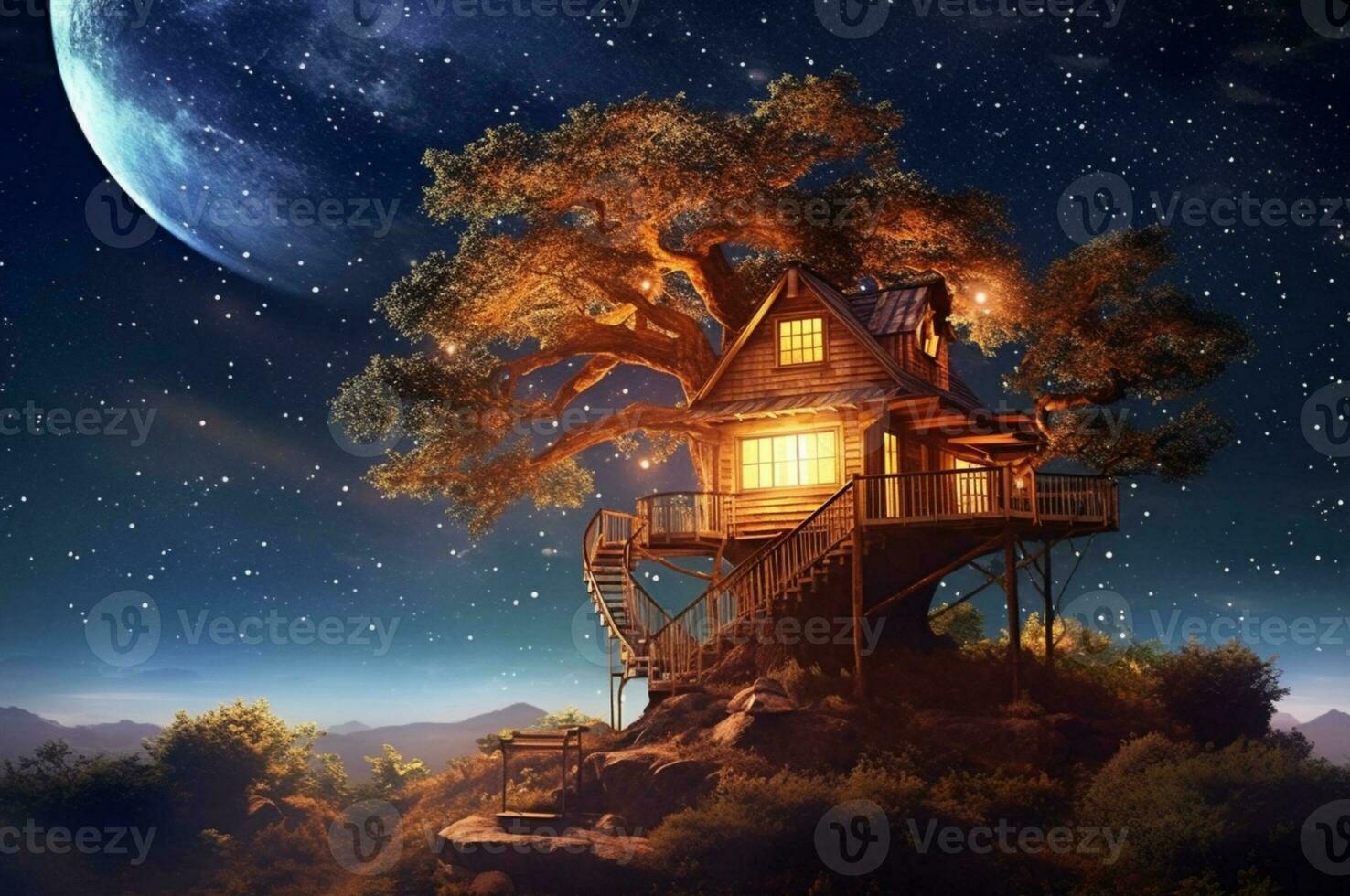 Tree house with a beautiful view of the sky at night. generative ai photo