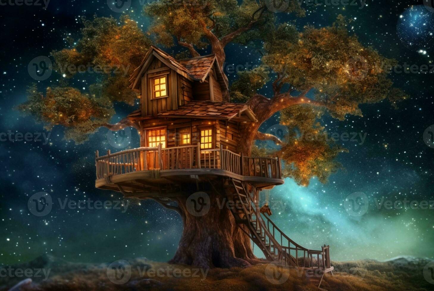 Tree house with a beautiful view of the sky at night. generative ai photo