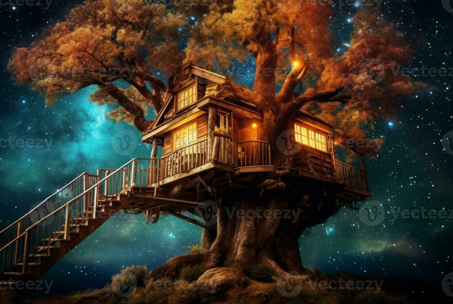 árbol casa con un hermosa ver de el cielo a noche. generativo ai foto