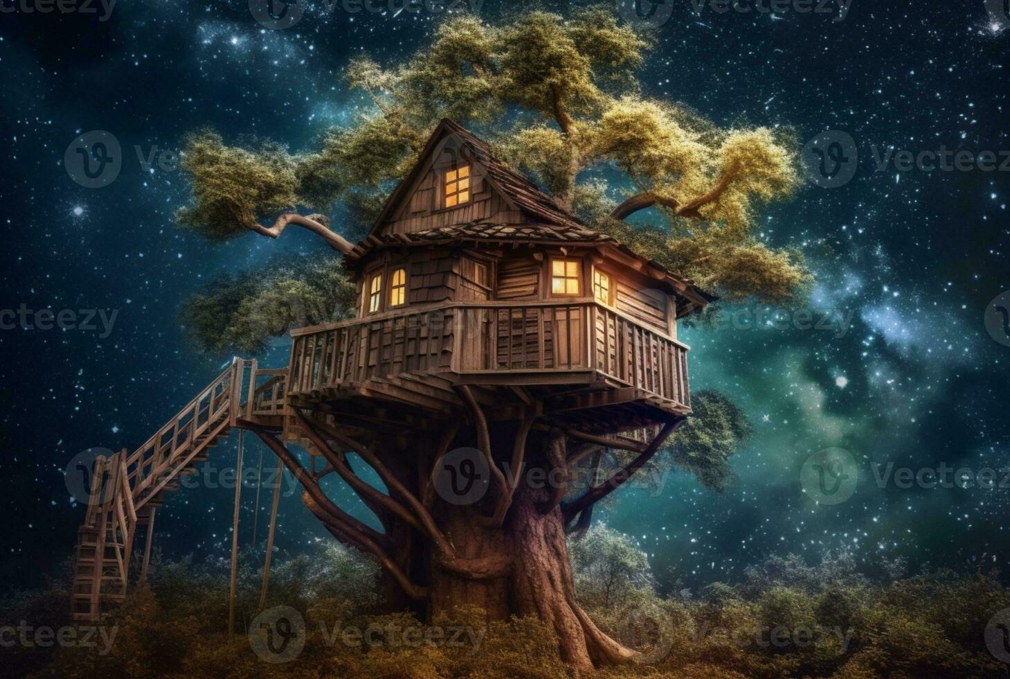 Tree house with a beautiful view of the sky at night. generative ai photo