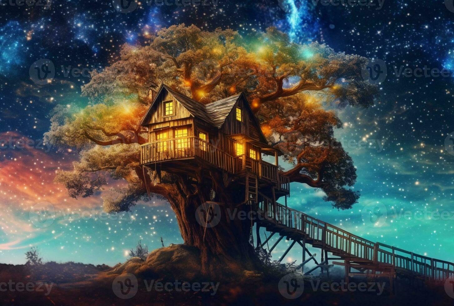 Tree house with a beautiful view of the sky at night. generative ai photo