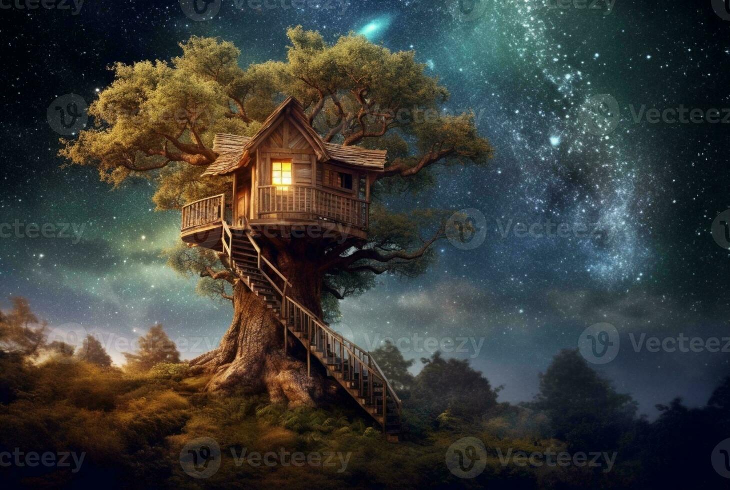 Tree house with a beautiful view of the sky at night. generative ai photo