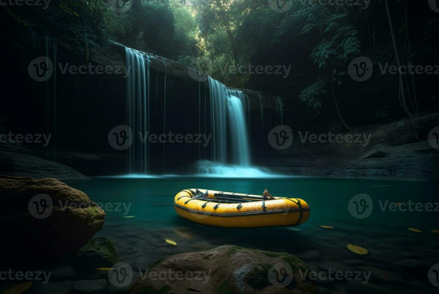 Rubber boat under the gentle flow of a waterfall. longexposure. generative ai photo