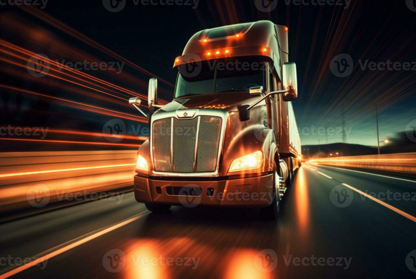 Truck driving on highway at night, blurred motion speed car lights. ai generative photo