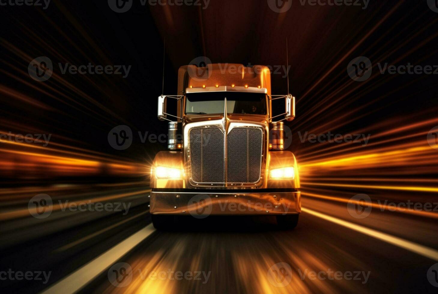 Truck driving on highway at night, blurred motion speed car lights. ai generative photo