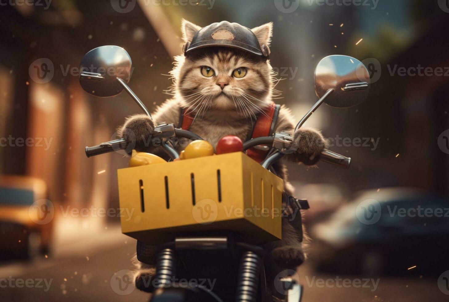 the cat is delivering orders on a motorcycle. ai generative photo