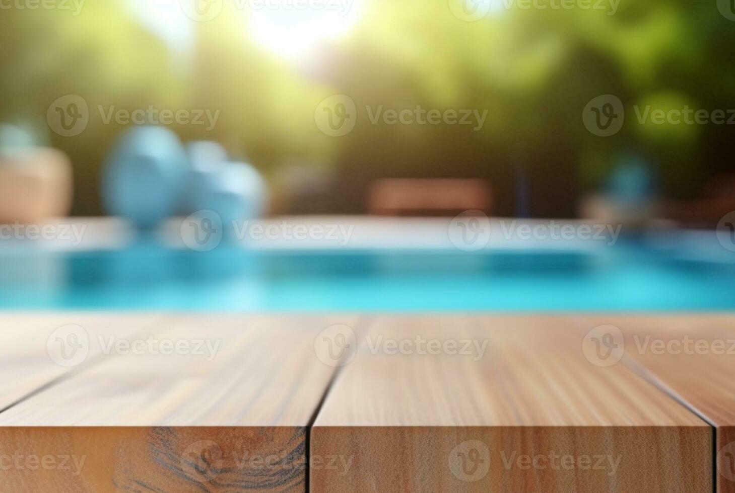 empty wooden table with blurred background of swimming pool and sunlight, for podium product display. generative ai photo