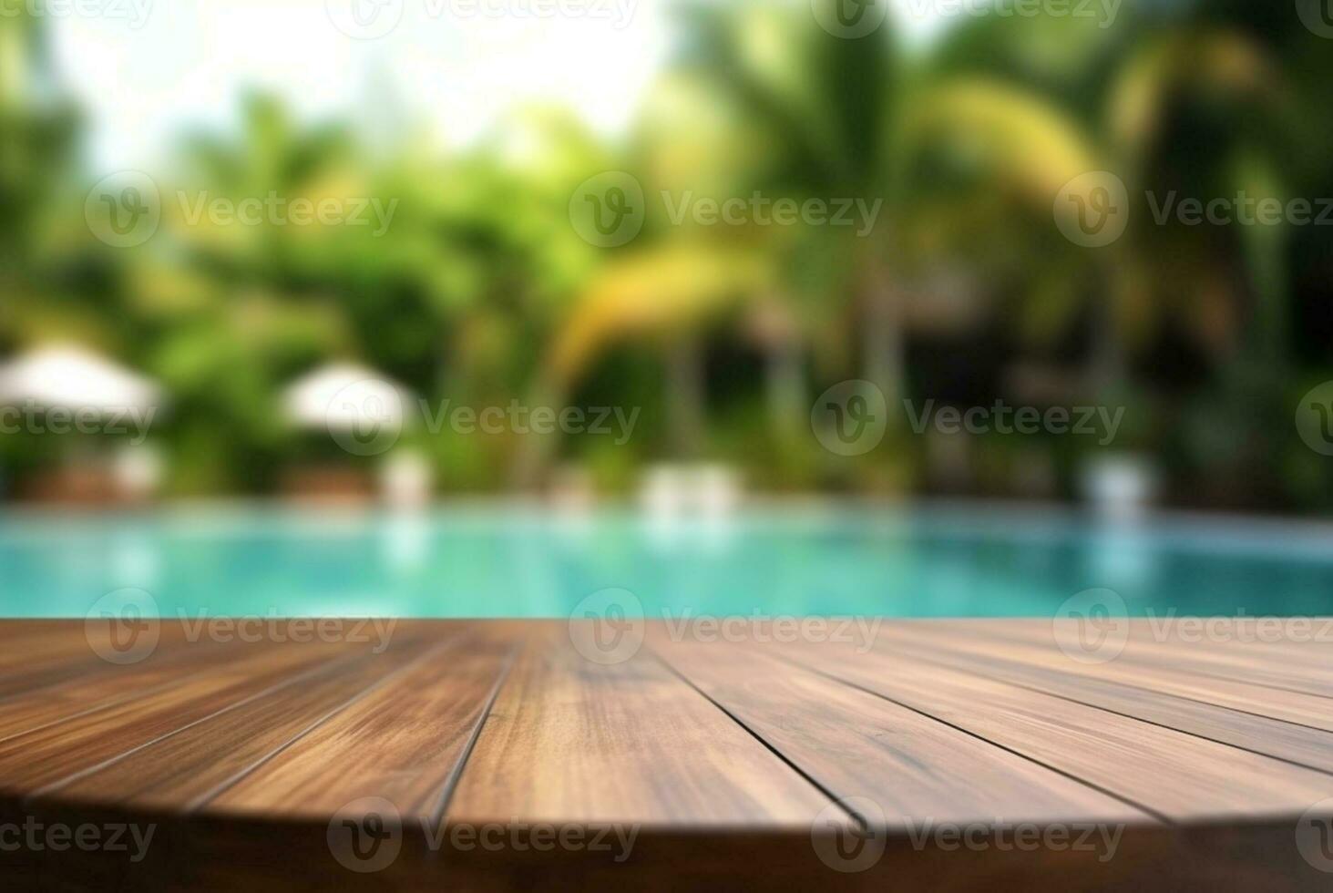 empty wooden table with blurred background of swimming pool and sunlight, for podium product display. generative ai photo