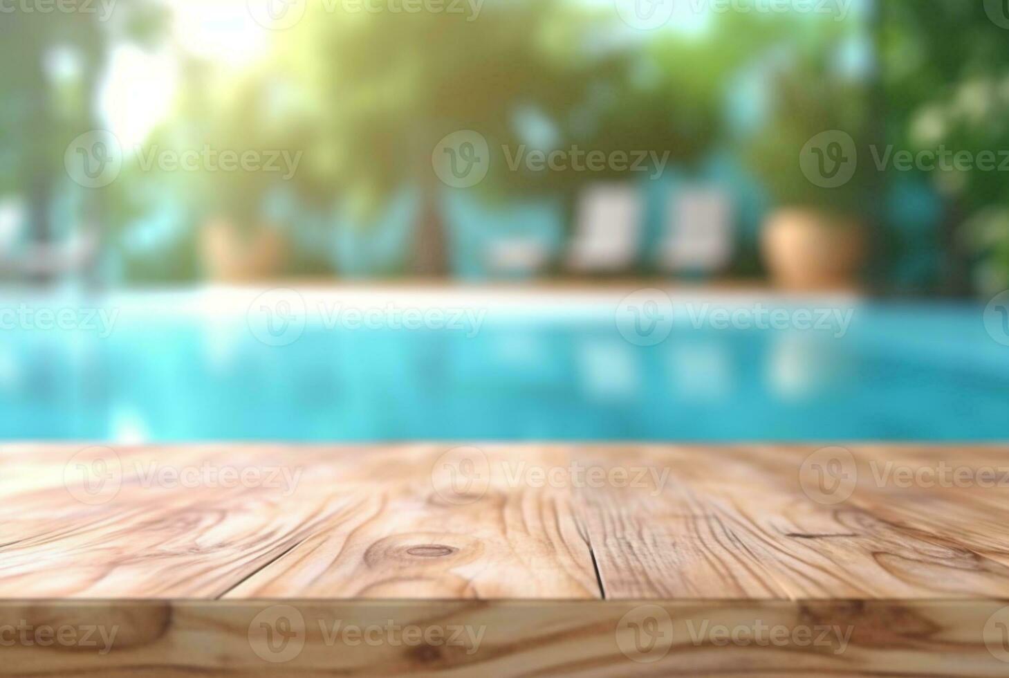 empty wooden table with blurred background of swimming pool and sunlight, for podium product display. generative ai photo