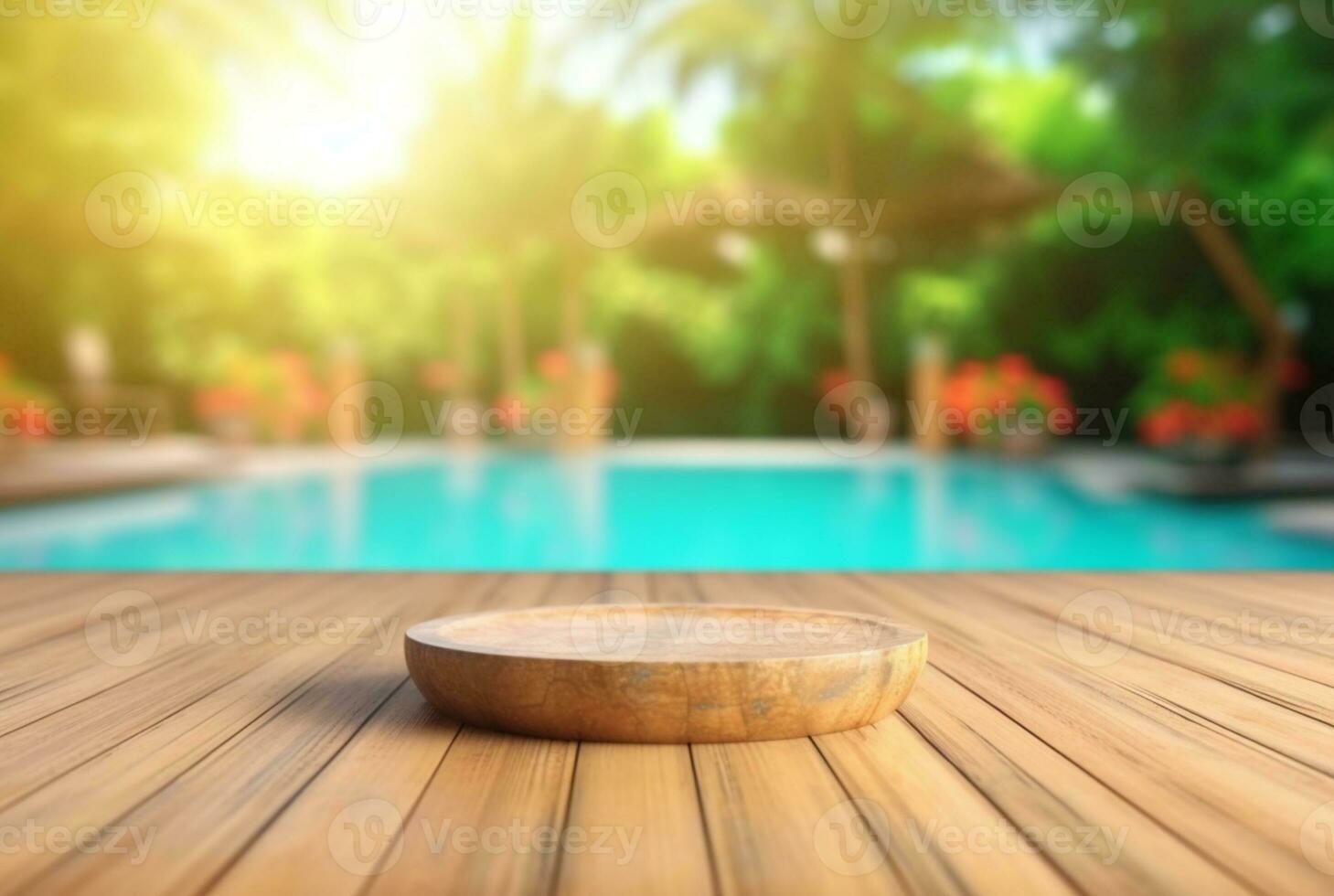 empty wooden table with blurred background of swimming pool and sunlight, for podium product display. generative ai photo