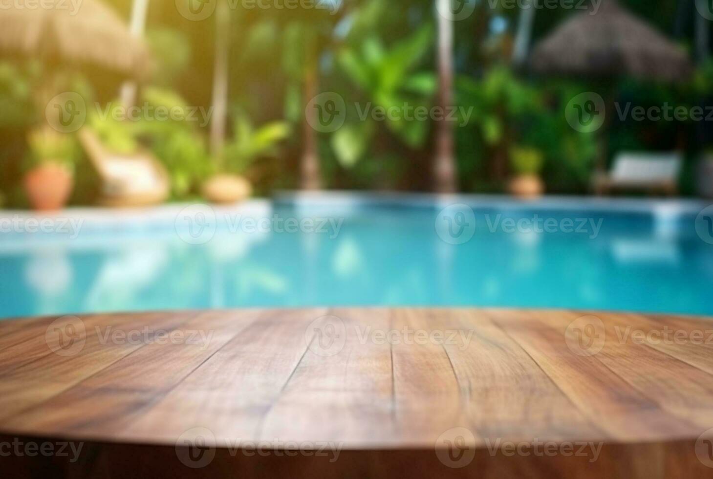 empty wooden table with blurred background of swimming pool and sunlight, for podium product display. generative ai photo