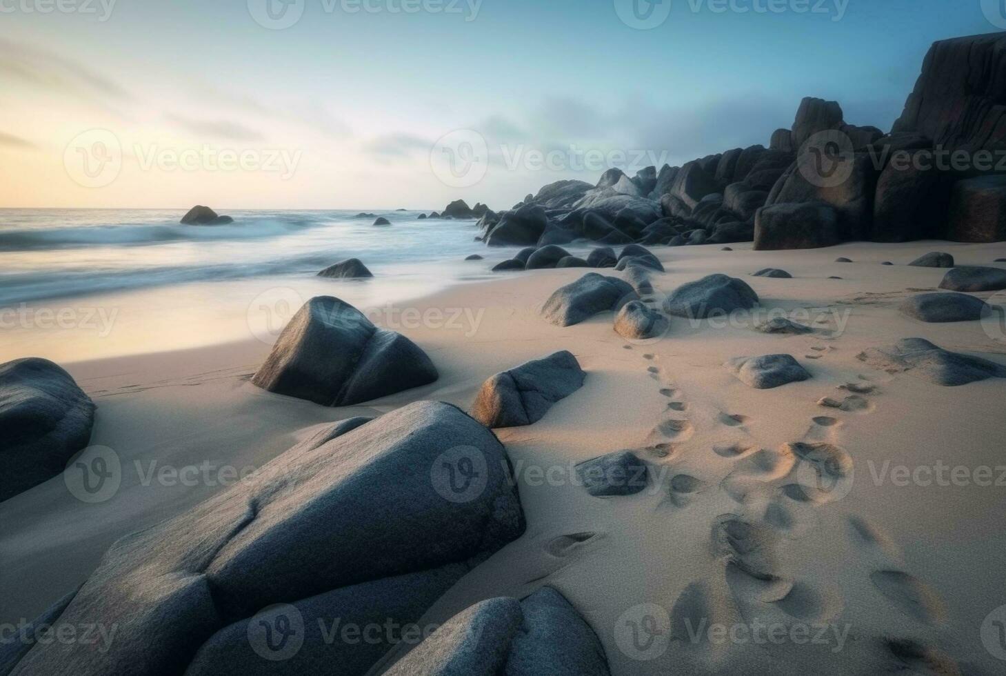 hermosa mar puntos de vista con relajante y amable rocas y ondas. largo exposición fotografía. generativo ai foto