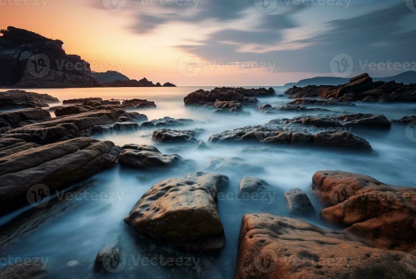 Beautiful sea views with relaxing and gentle rocks and waves. long exposure photography. generative ai photo