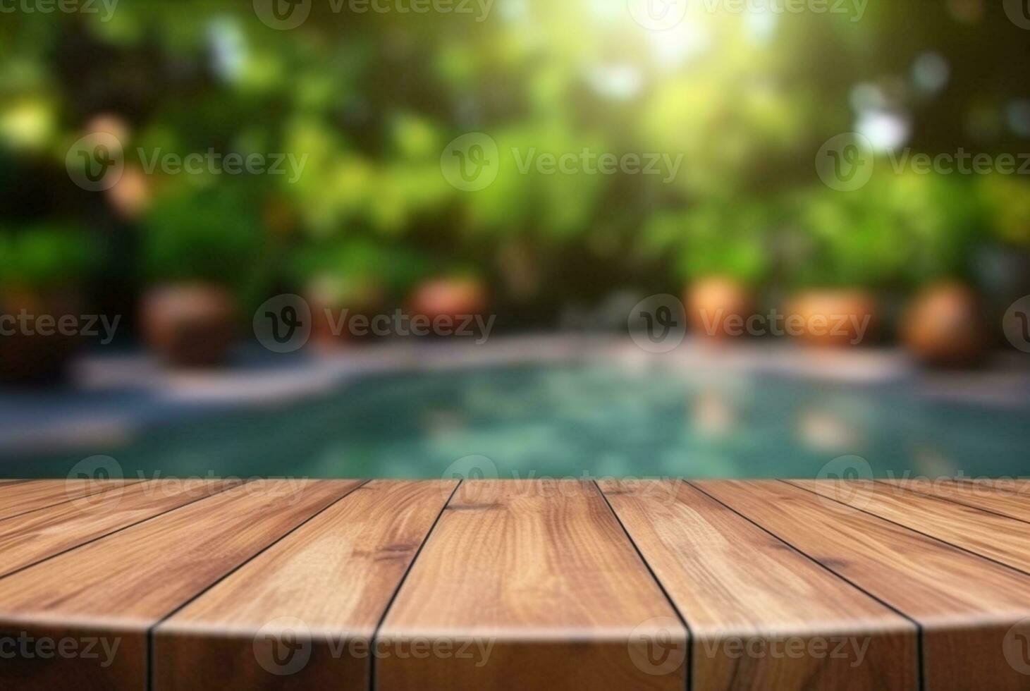 empty wooden table with blurred background of swimming pool and sunlight, for podium product display. generative ai photo